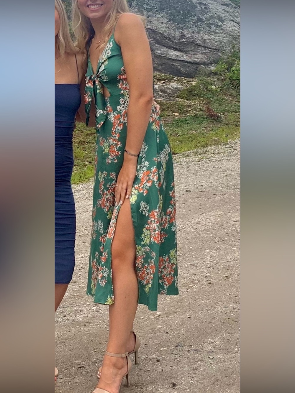 Green Floral Tie-Front Midi Dress